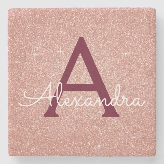 Pink Rose Gold Burgundy Glitter & Sparkle Monogram Stone Coaster (Front)