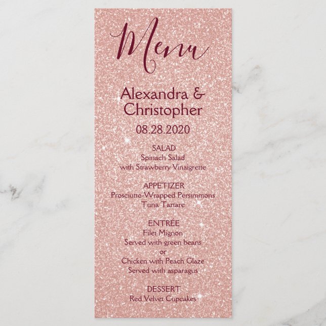 Pink Rose Gold Burgundy Glitter Wedding Menu (Front)