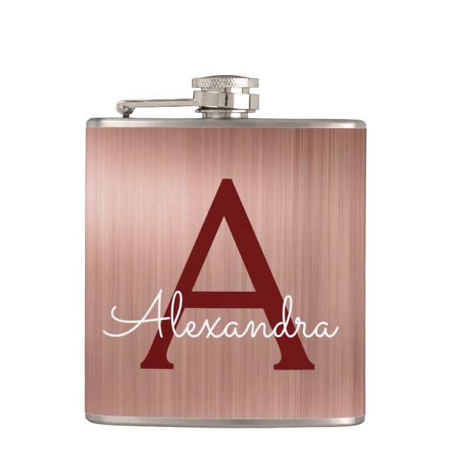 Pink Rose Gold - Burgundy Metallic Monogram Name Hip Flask (Front)
