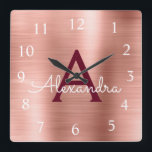 Pink Rose Gold Burgundy Metallic Monogram Name Square Wall Clock<br><div class="desc">Blush Pink - Rose Gold and Burgundy Faux Stainless Steel Foil Monogram Name and Initial Serving Wall Clock. The Wall Clock makes the perfect gift for someone who loves pink metallic decor.</div>