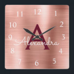 Pink Rose Gold Burgundy Metallic Monogram Name Square Wall Clock<br><div class="desc">Blush Pink - Rose Gold and Burgundy Faux Stainless Steel Foil Monogram Name and Initial Serving Wall Clock. The Wall Clock makes the perfect gift for someone who loves pink metallic decor.</div>