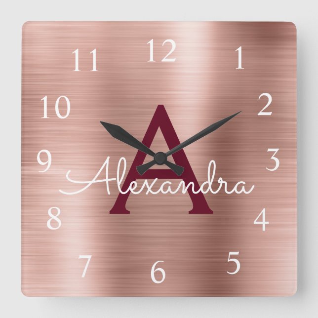 Pink Rose Gold Burgundy Metallic Monogram Name Square Wall Clock (Front)