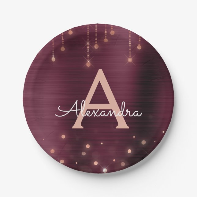 Pink Rose Gold Burgundy Sparkle Monogram Birthday Paper Plate (Front)