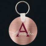 Pink Rose Gold Burgundy Stainless Steel Monogram Key Ring<br><div class="desc">Pink Rose Gold and Burgundy Marsala Faux Stainless Steel Metallic Elegant Keychain. These Keychains can be customised to include your initial and first name. These key chains make great birthday,  bridal shower or bachelorette party favours.</div>