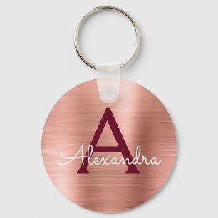 Pink Rose Gold Burgundy Stainless Steel Monogram Key Ring