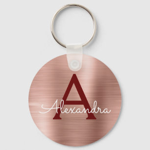 Pink Rose Gold Burgundy Stainless Steel Monogram Key Ring