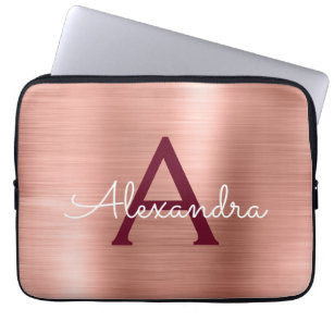Pink Rose Gold Burgundy Stainless Steel Monogram Laptop Sleeve