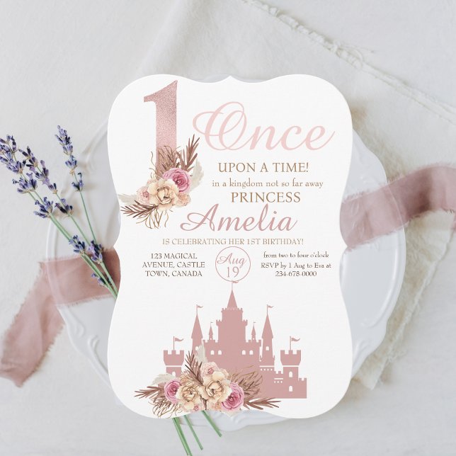 Pink Rose Gold Castle Princess 1st Birthday  Invitation (Creator Uploaded)