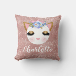 Pink rose gold cat princess personalised cushion
