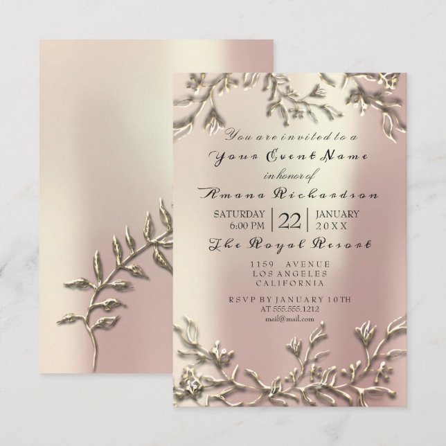 Pink Rose Gold Champaigne Floral 3D Effect Bridal Invitation (Front/Back)