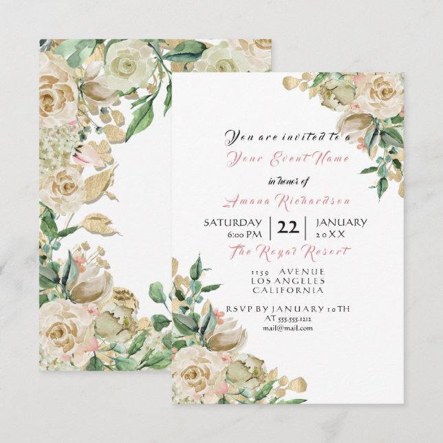 Pink Rose Gold Champaigne Floral Birthday Bridal Invitation (Front/Back)