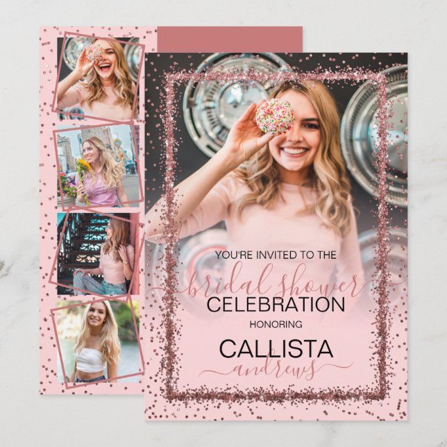 Pink Rose Gold Confetti Border Photo Bridal Shower Invitation (Front/Back)
