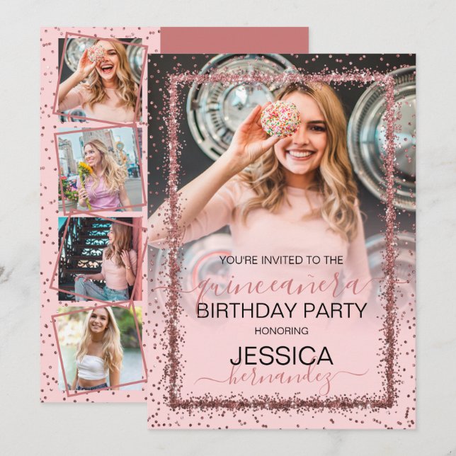 Pink Rose Gold Confetti Border Photo Quinceañera Invitation (Front/Back)