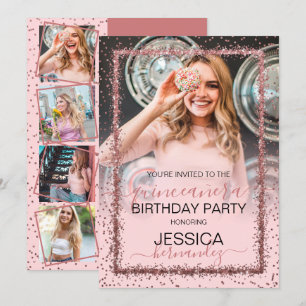 Pink Rose Gold Confetti Border Photo Quinceañera Invitation