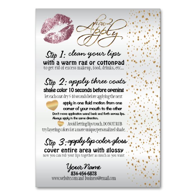 Pink Rose & Gold Confetti Lip Instructions 2 Table Number (Front)