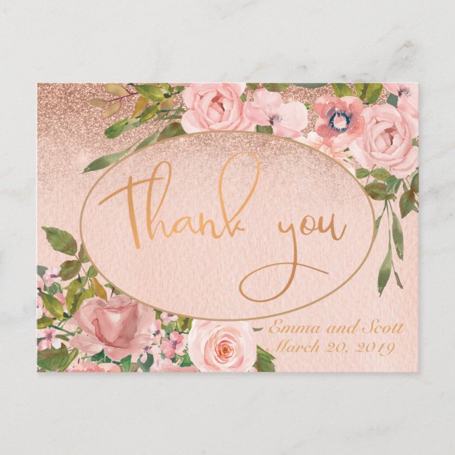 Pink Rose Gold Copper Thank you Wedding Floral Postcard (Front)