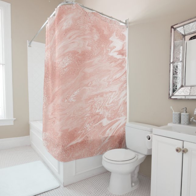 Pink Rose Gold Coral Peach Molten Marble Abstract Shower Curtain (In Situ)