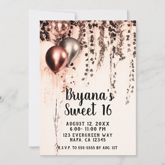 Pink Rose Gold Cream Metallic Balloons Sweet 16 Invitation (Front)