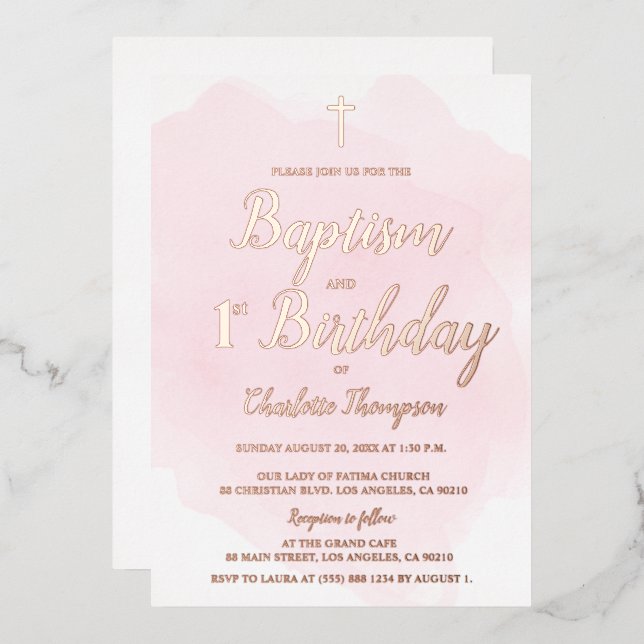 Pink Rose gold cross Baptism and 1st birthday Foil Holiday Card (Front/Back)