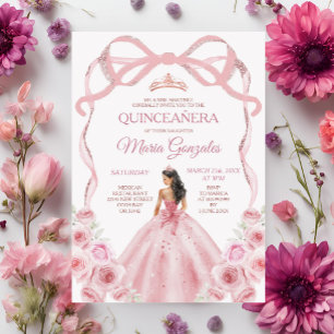 Pink Rose Gold Crown Bow Princess Girl Quinceañera Invitation