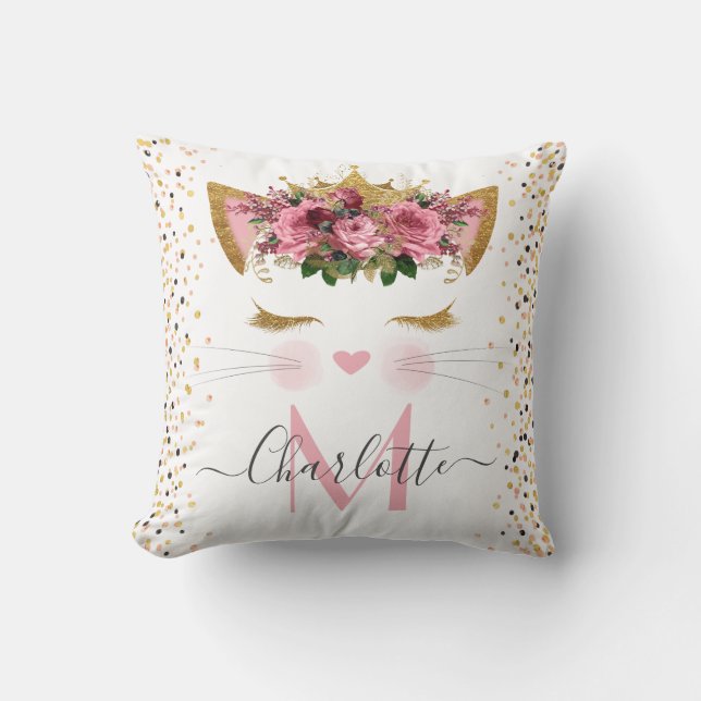 Pink rose gold cute cat princess monogram cushion (Front)