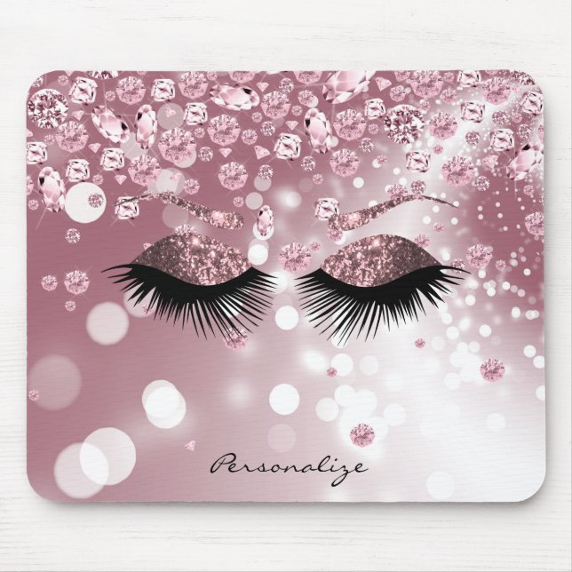 Pink Rose Gold Diamond and Rose Gold Glitter Eyes Mouse Mat (Front)