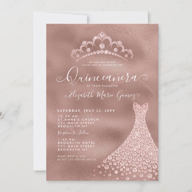 Pink Rose Gold Diamond Tiara Dress Quinceanera Invitation (Front)