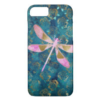 Pink Rose Gold Dragonfly on Turquoise Blue Foil