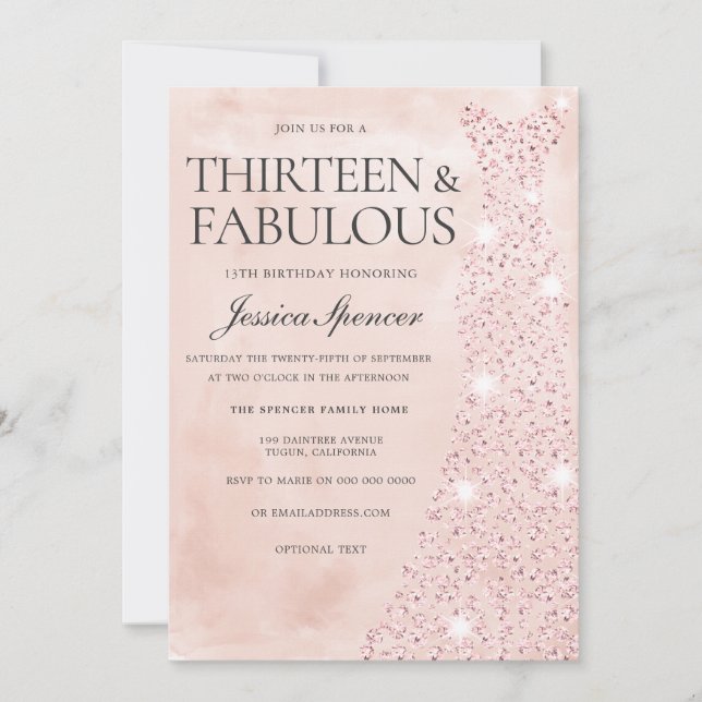 Pink Rose Gold Dress 13 & Fabulous 13th Birthday Invitation (Front)