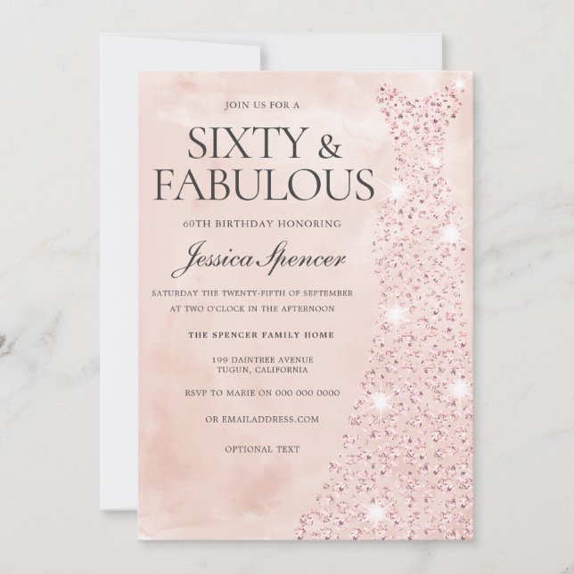 Pink Rose Gold Dress 60 & Fabulous 60th Birthday Invitation (Front)