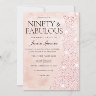 Pink Rose Gold Dress 90 & Fabulous 90th Birthday Invitation