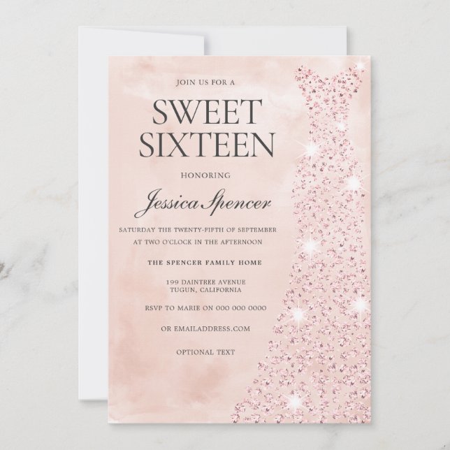 Pink Rose Gold Dress Glitter Sweet 16 Party Invitation (Front)