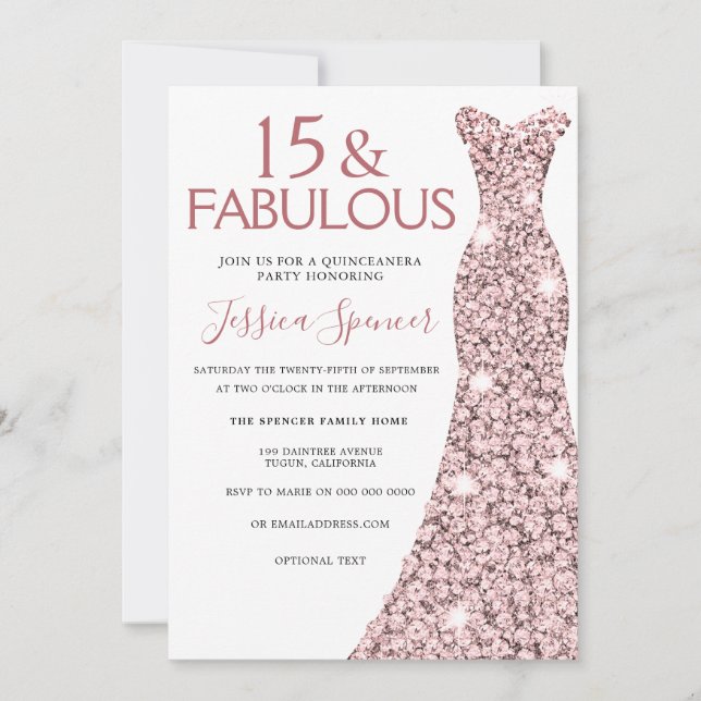 Pink Rose Gold Dress Quinceanera Party Invitation (Front)