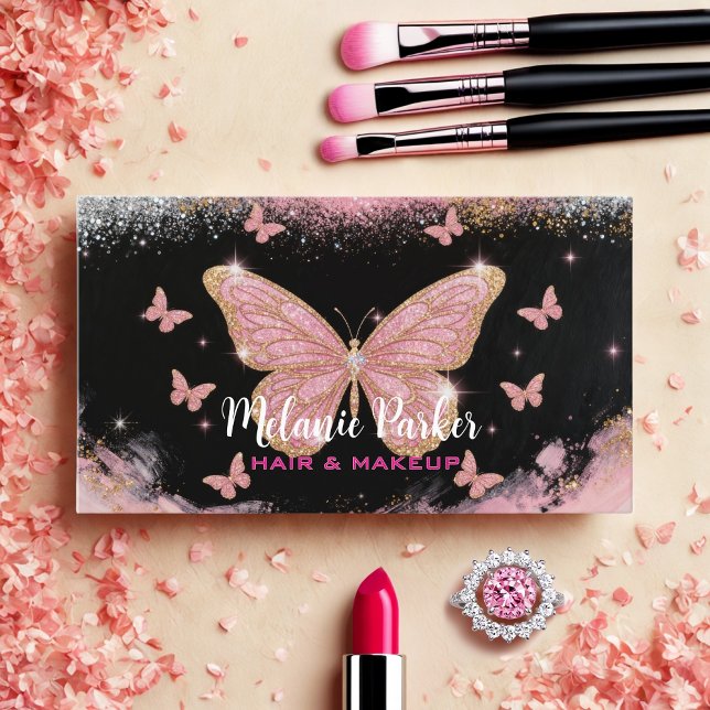 Pink Rose Gold Elegant Glitter Butterfly Business Card (Creator Uploaded)