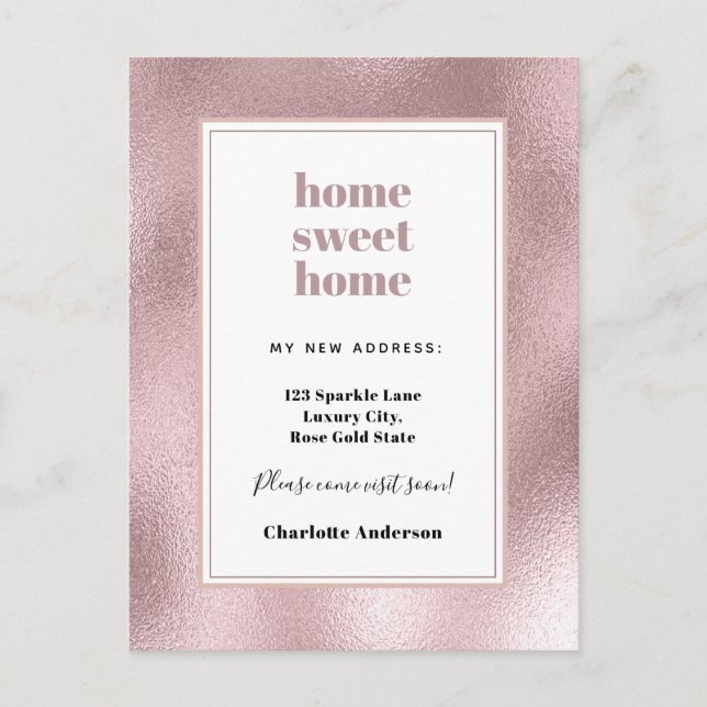 Pink rose gold elegant home sweet home moving announcement postcard (Front)