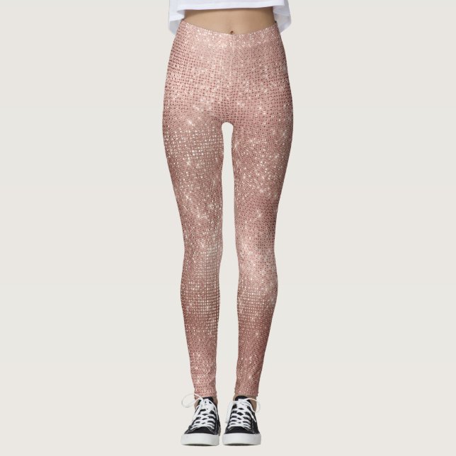 Pink Rose Gold Faux Brush Metallic Diamond Sparkly Leggings (Front)