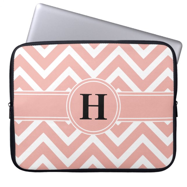 Pink Rose Gold Faux Foil White Chevron Monogram Laptop Sleeve (Front)