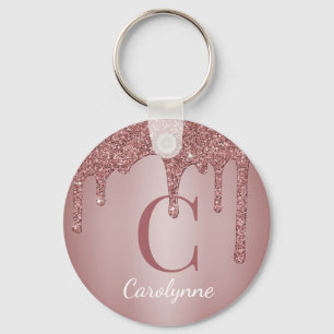 Pink Rose Gold Faux Glitter Drips Monogram Key Ring