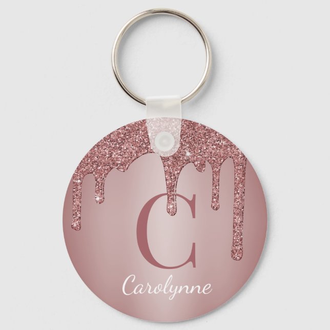 Pink Rose Gold Faux Glitter Drips Monogram Key Ring (Front)