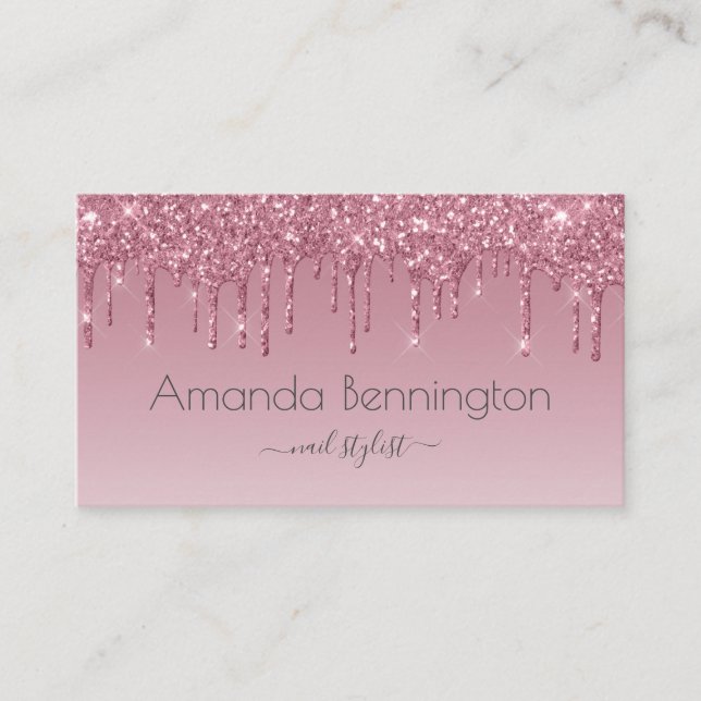 Pink Rose Gold Faux Glitter with Logo Business Card (Front)