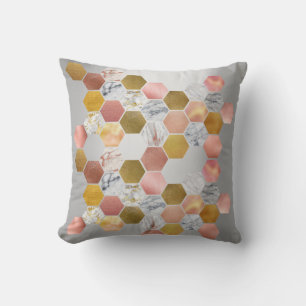 Pink Rose Gold Faux Metall Marble Hexagons Silver Cushion