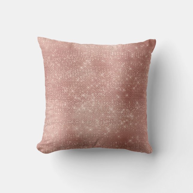 Pink Rose Gold Faux Powder Diamond Sequin Metal Cushion (Front)