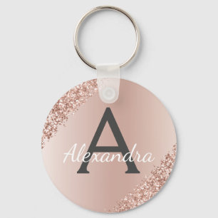 Pink Rose Gold Faux Stainless Steel Monogram Key Ring