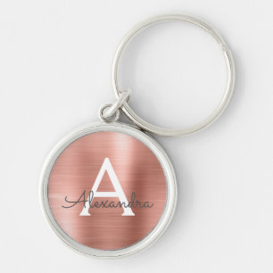 Pink Rose Gold Faux Stainless Steel Monogram Key Ring