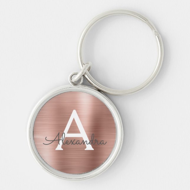 Pink Rose Gold Faux Stainless Steel Monogram Key Ring (Front)