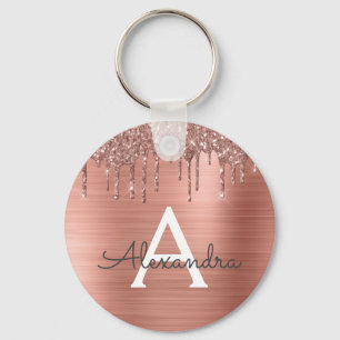 Pink Rose Gold Faux Stainless Steel Monogram Key Ring