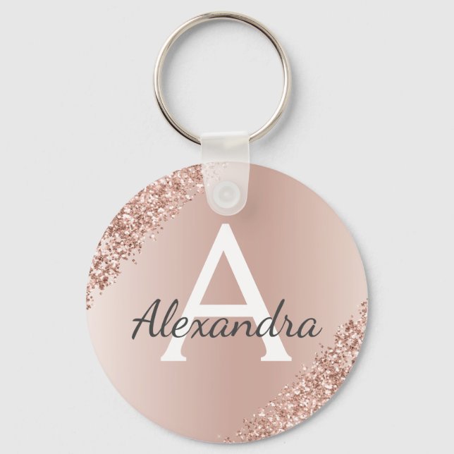 Pink Rose Gold Faux Stainless Steel Monogram Key Ring (Front)