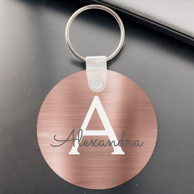 Pink Rose Gold Faux Stainless Steel Monogram Key Ring (Creator Uploaded)