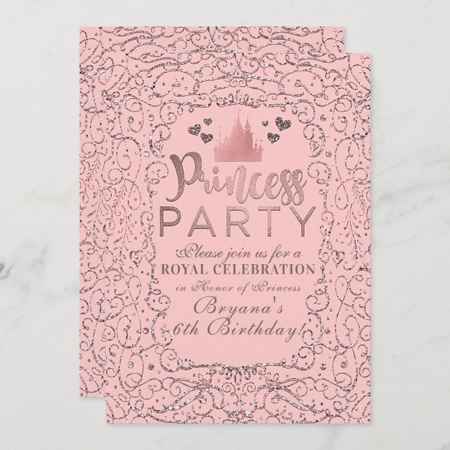 Pink Rose Gold Filigree PRINCESS PARTY Birthday Invitation (Front/Back)