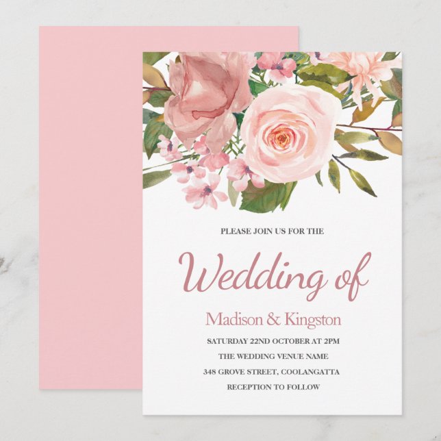 Pink & Rose Gold Floral Elegant Wedding Invite (Front/Back)
